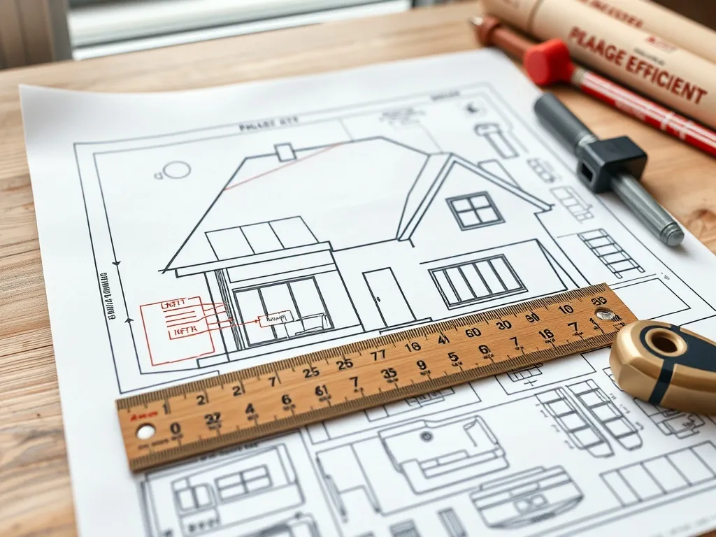 Technical blueprint of a house with energy efficiency annota