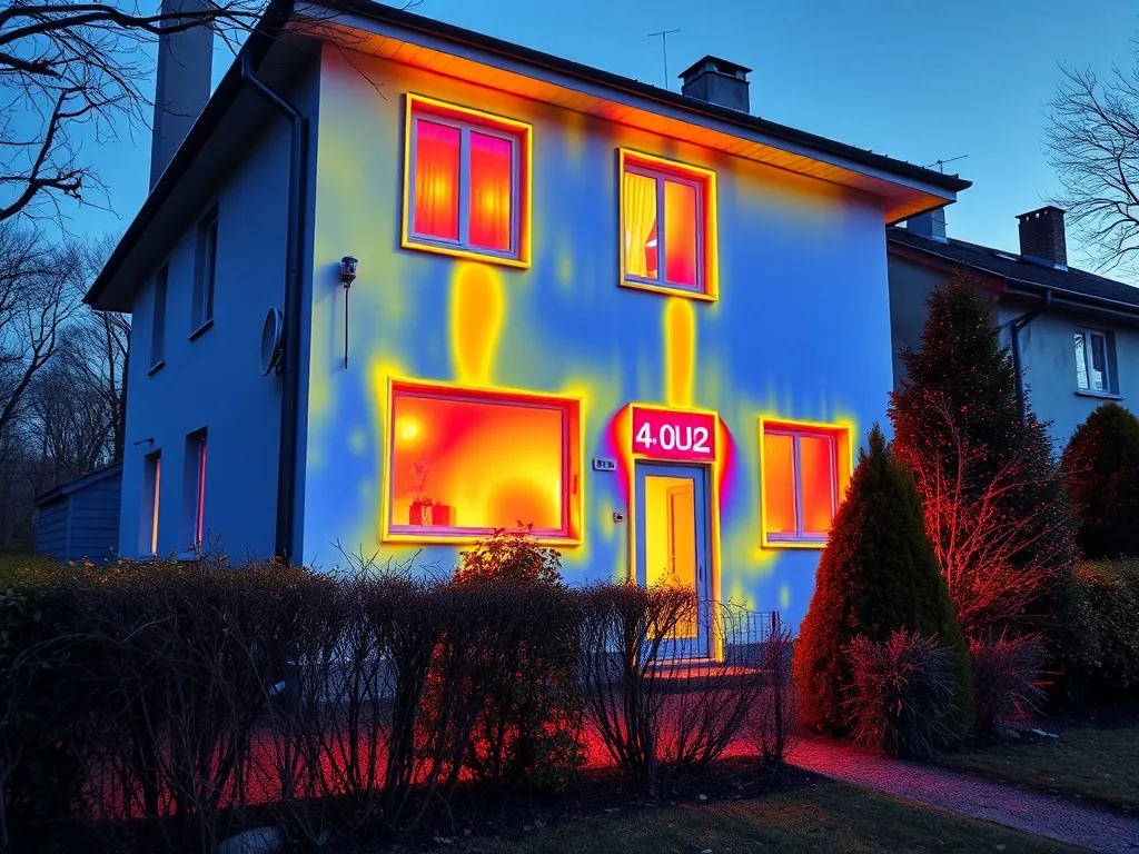 Thermal imaging camera photo of a house exterior showing hea