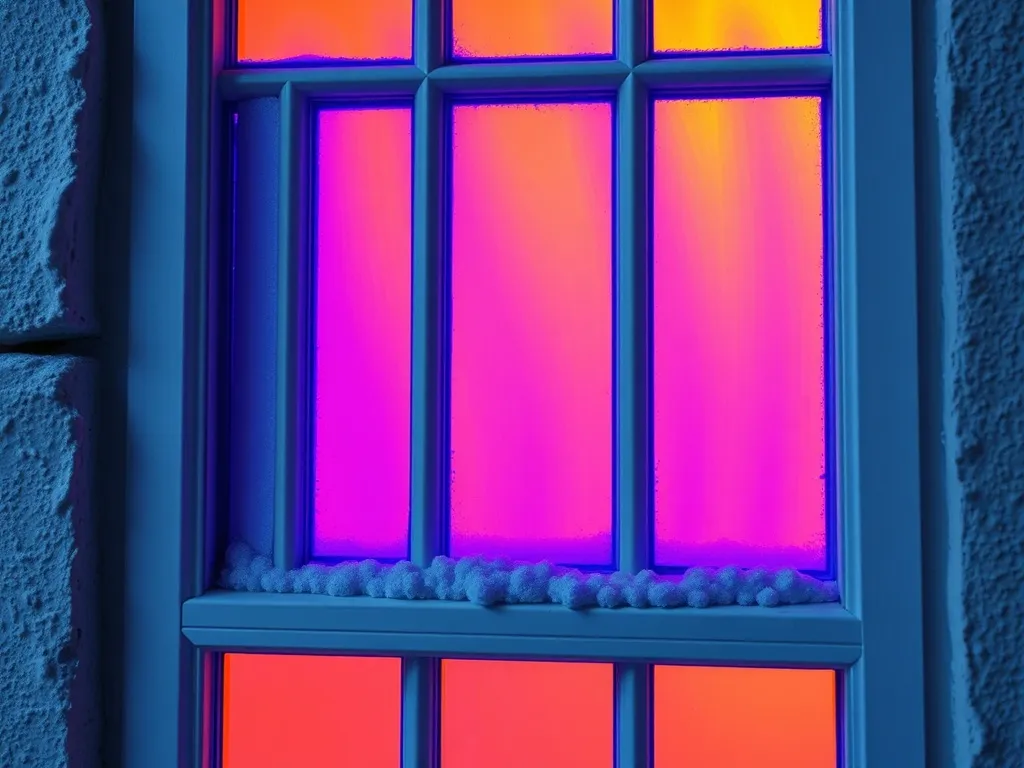 Close up of a window frame through a thermal camera, showing